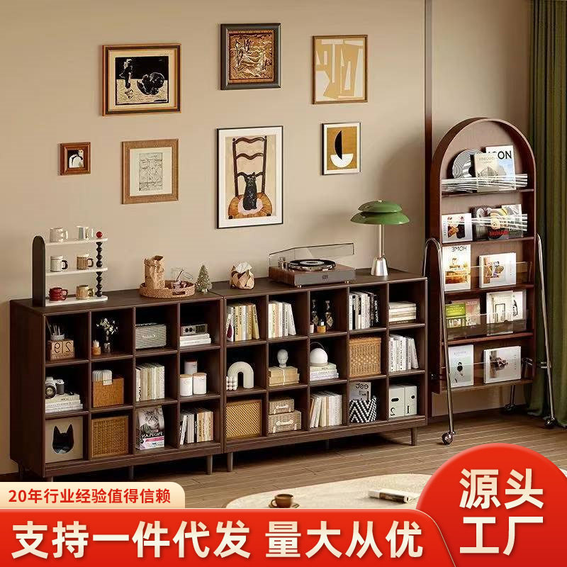 实木书架落地置物架胡桃色格子柜客厅半墙收纳柜展示矮柜飘窗书柜图片