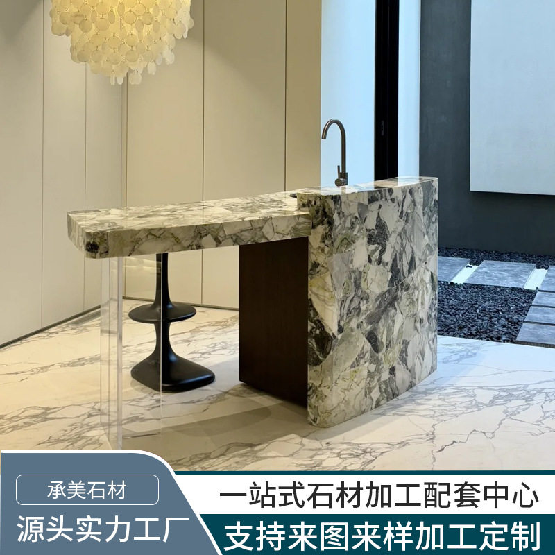工厂定制岛台吧台餐边柜天然大理石厨房客厅别墅酒店前轻奢风储物图片
