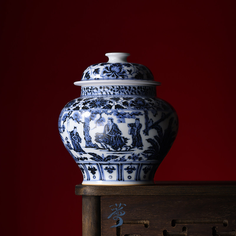 蓝本八大罐 元青花人物故事三顾茅庐人物图盖罐新中式陈设瓷器