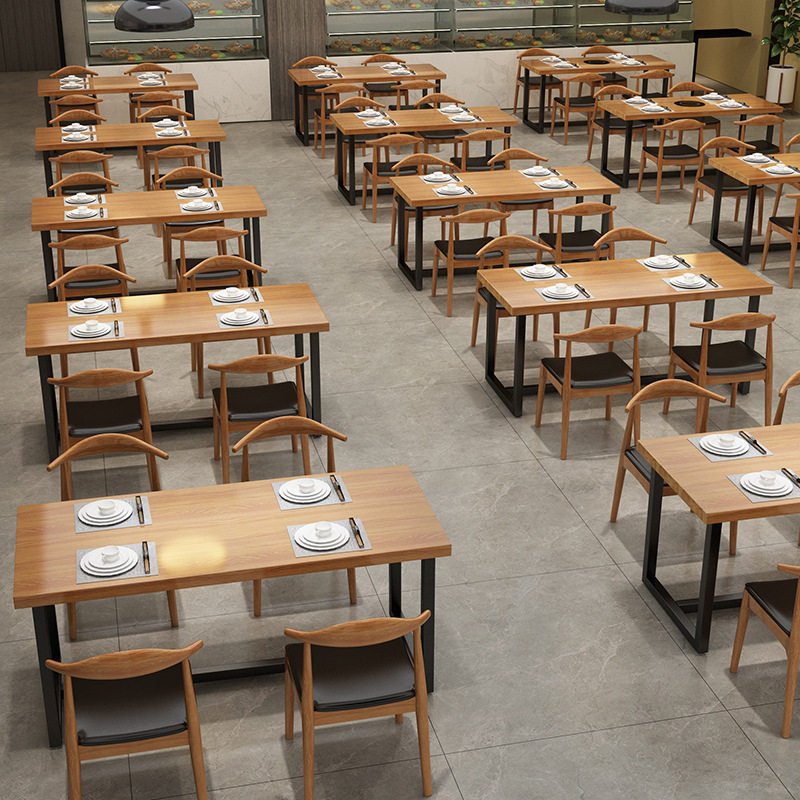 现代简约实木餐桌椅组合火锅店小吃店长方形吃饭桌子食堂多人饭桌图片