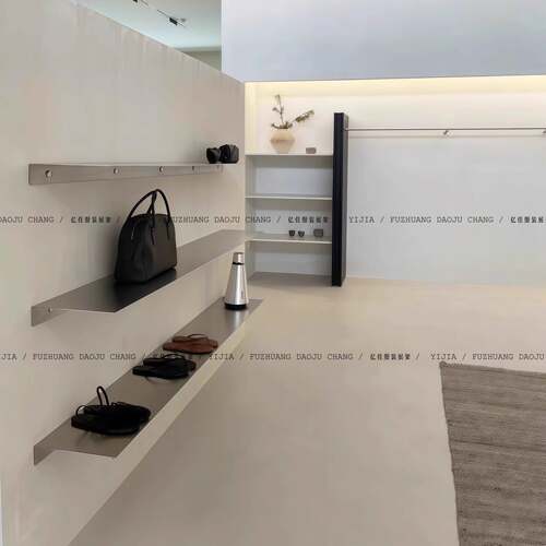 服装店层板架韩系装修风格壁挂式实心层板不锈钢鞋包展示架陈列架