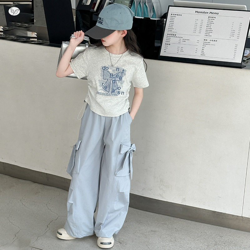 女童夏T恤工装裤套装中大童抽绳蝴蝶结短袖阔腿裤2026新款韩版