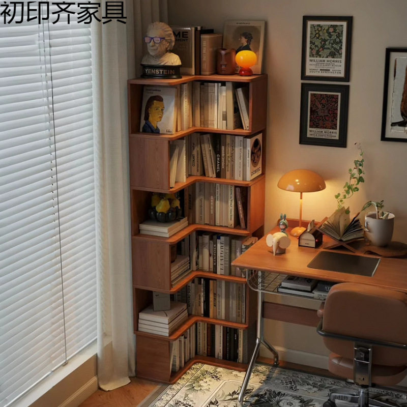 中古风转角书架置物架窄柜客厅书柜落地靠墙储物柜一体创意转角柜图片