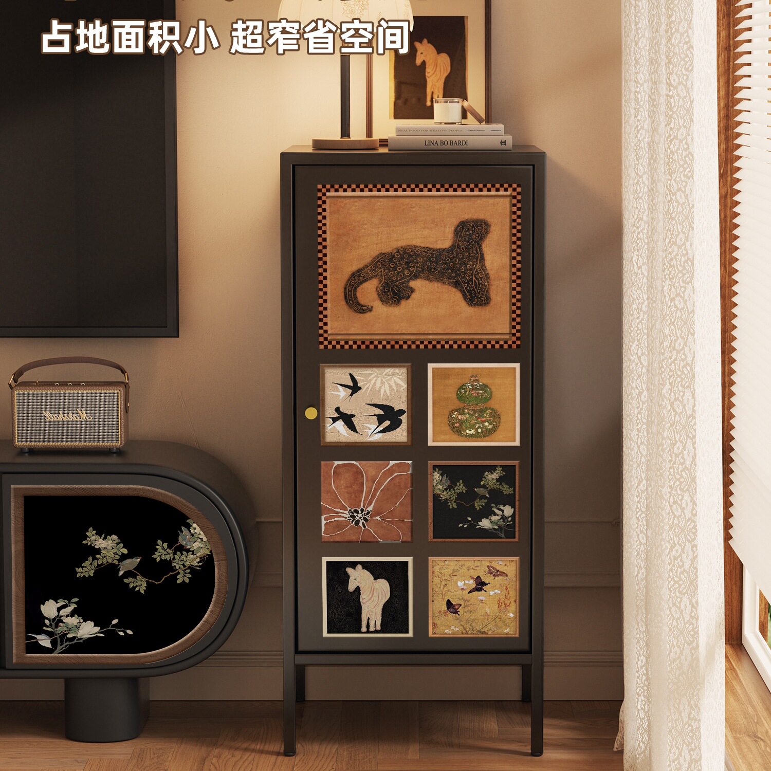 中古风极窄斗柜餐边柜客厅靠墙铁皮储物柜复古沙发边柜卧室收纳柜图片