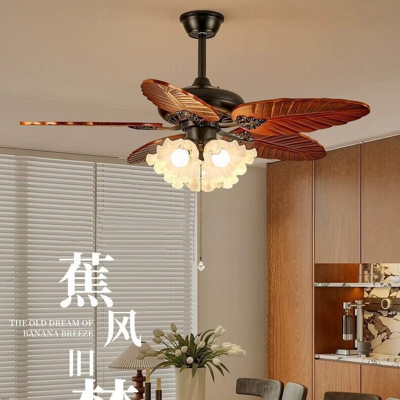 法式中古风餐厅风扇灯复古客厅书房吊扇灯胡桃木色静音卧室电扇灯图片