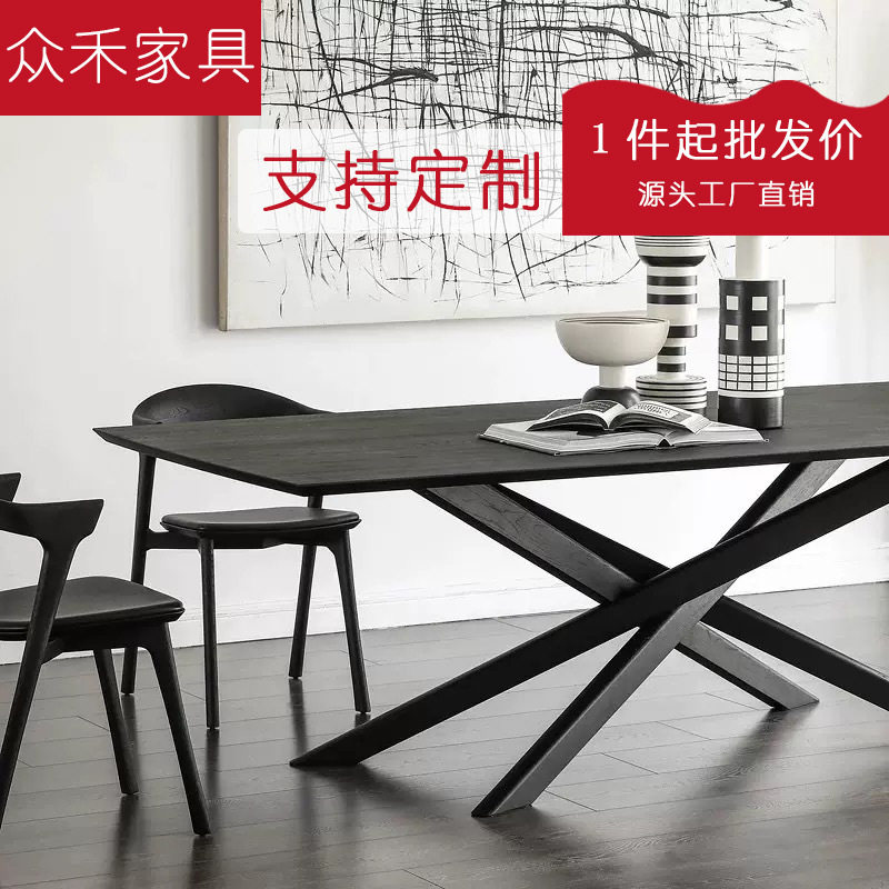 极简实木书桌设计师办公桌原木长桌工作台黑色餐桌现代简约会议桌图片
