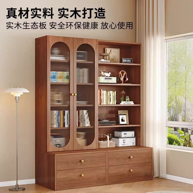 实木卡座书柜书架满墙展示柜中式柜家用客厅落地靠墙柜收纳储物柜图片