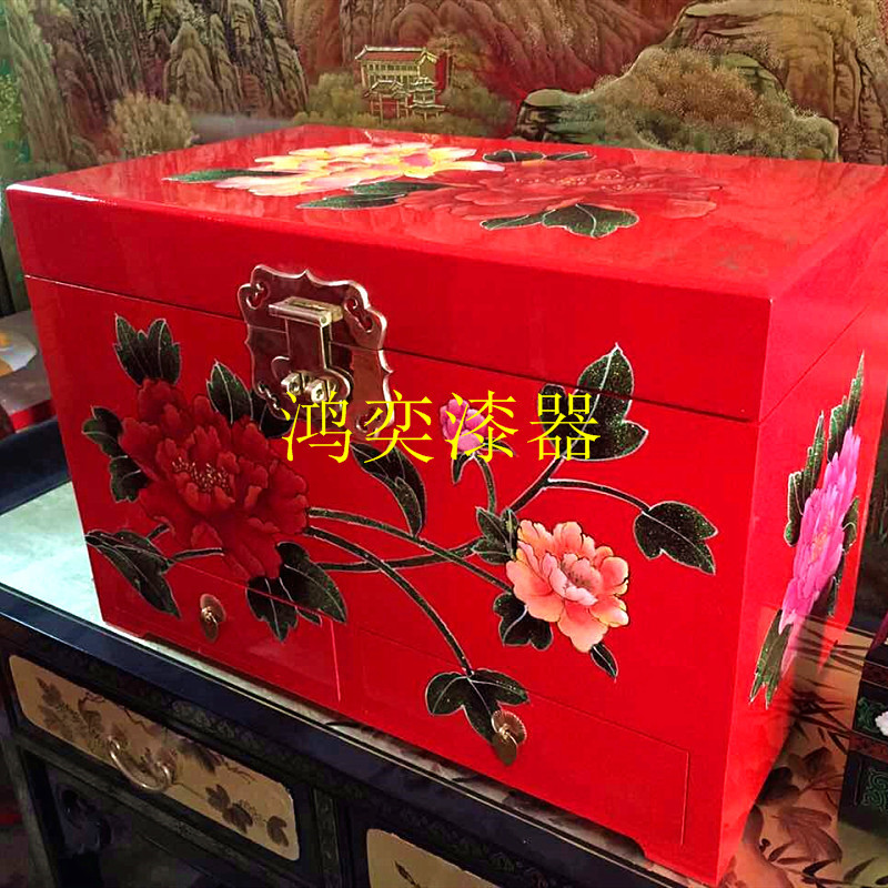 创意漆器画新中式彩绘樟木箱子红底牡丹贴金彩绘带锁婚嫁储物衣箱