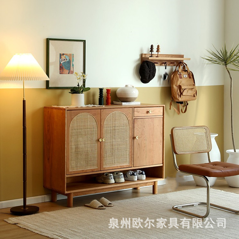 北欧实木鞋柜家用入门玄关柜门厅简约鞋架子储物柜藤编玻璃餐边柜图片