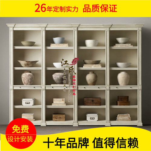 美式乡村家具地中海四门书柜复古仿古白色橡木办公书架实木大书橱