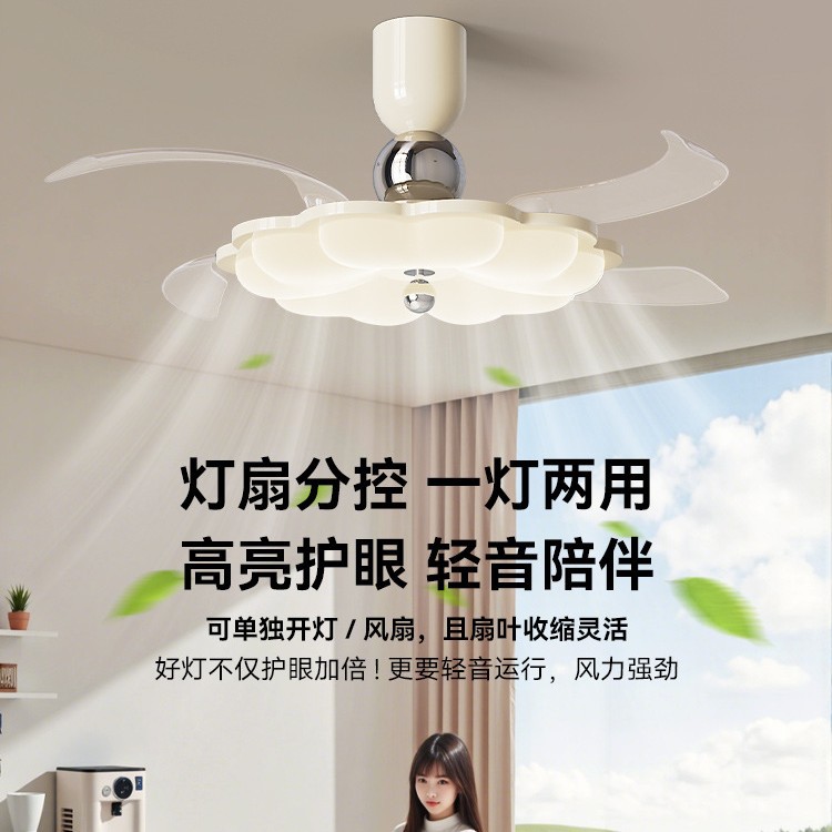 新款现代简约奶油风扇灯隐形变频一体餐厅吊扇灯高级感智能电扇灯图片