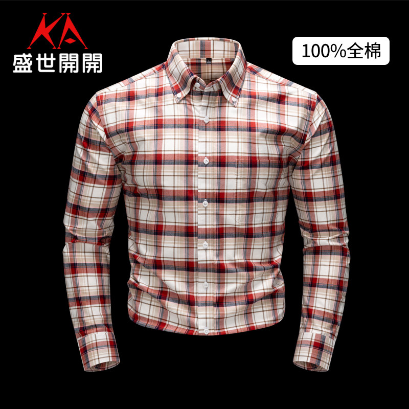 100%全棉牛津纺复古格子衬衫男士长袖商务休闲加厚款大码条纹衬衣
