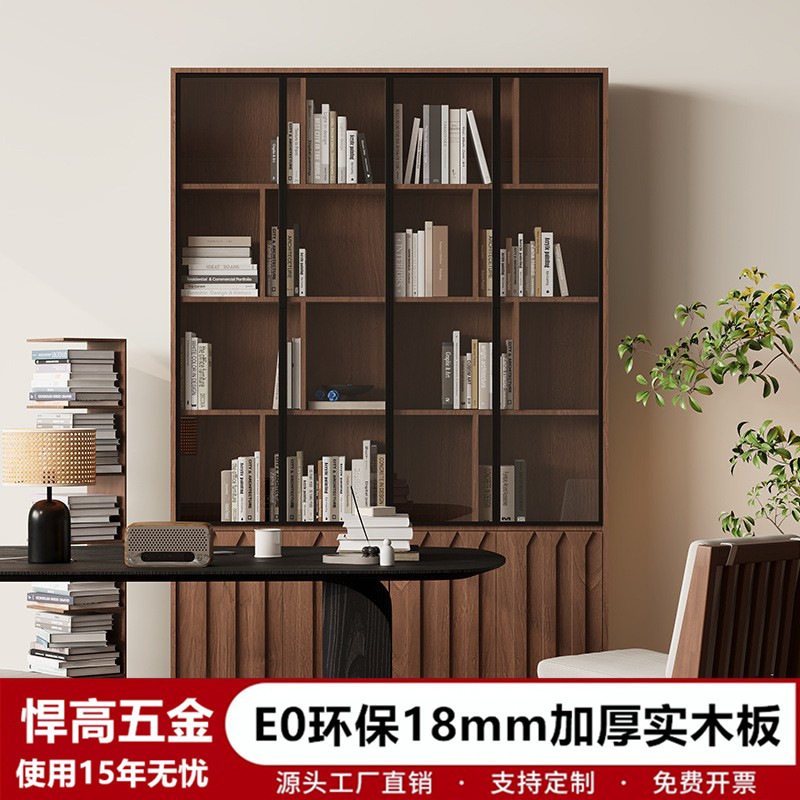 轻奢实木书柜带玻璃柜门一体整墙到顶展示柜客厅防尘储物柜图片