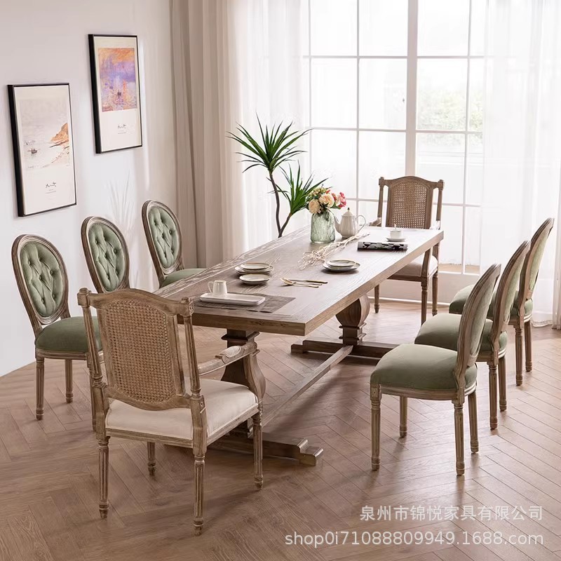 美式乡村复古长方形餐桌家用做旧实木咖啡厅酒吧西餐厅宴会长桌子图片