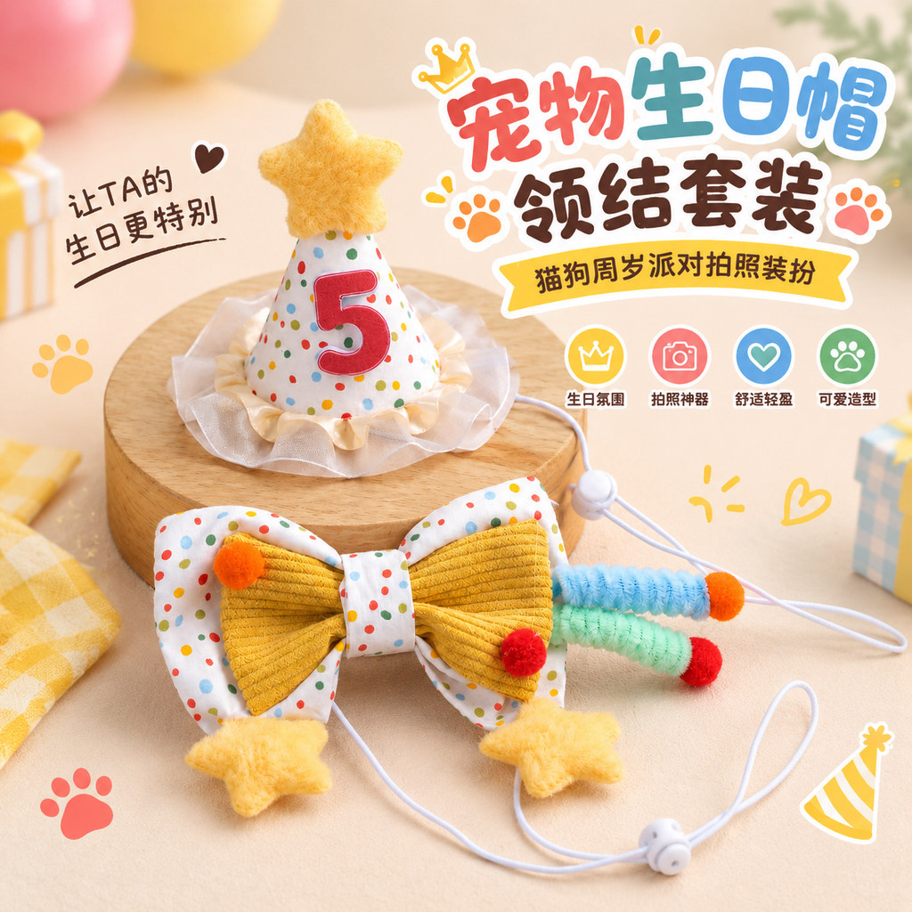 宠物生日帽领结套装中小型犬比熊猫咪狗狗装扮蛋糕帽围兜围脖拍照