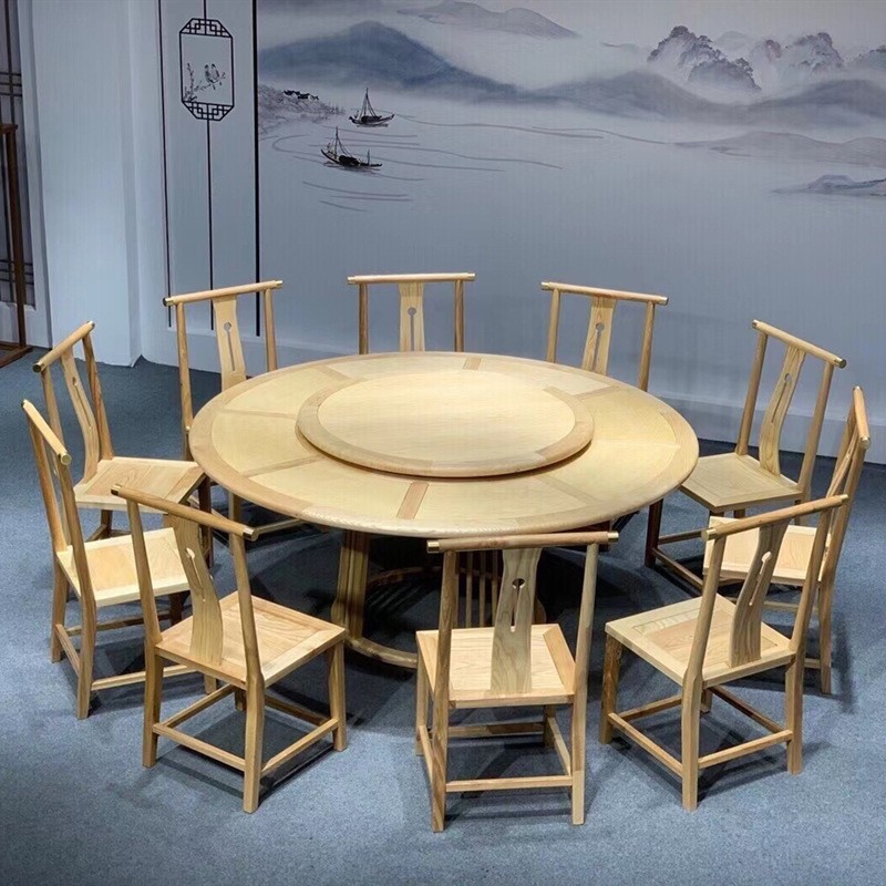 酒店电动餐桌大圆桌新中式1520带转盘饭店包厢茶几白蜡木家具实木