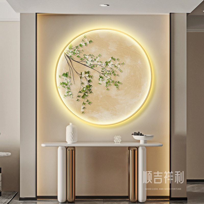 月球玄关装饰画奶油风绿植入户正对门挂画温馨走廊过道带灯壁画