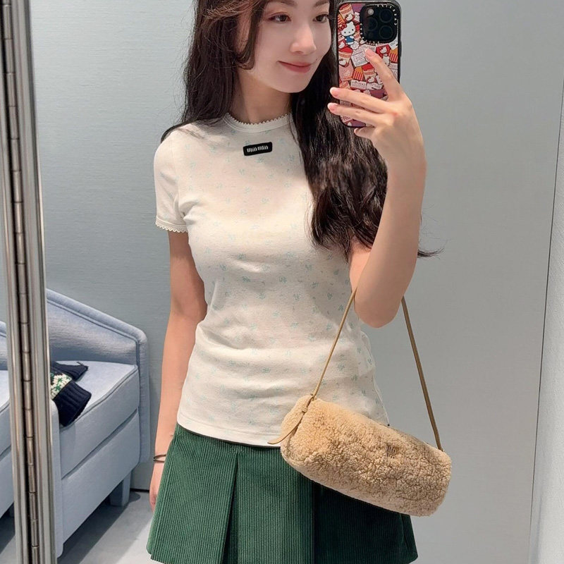 夏季甜美碎花圆领修身短袖T恤女