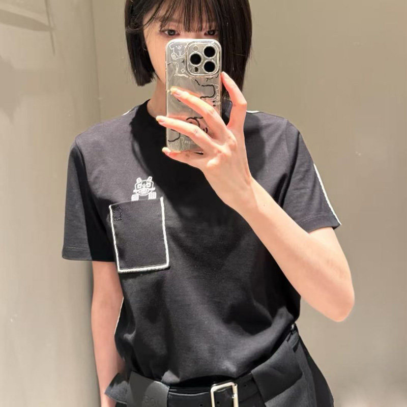 夏季黑色猫咪刺绣宽松短袖T恤女