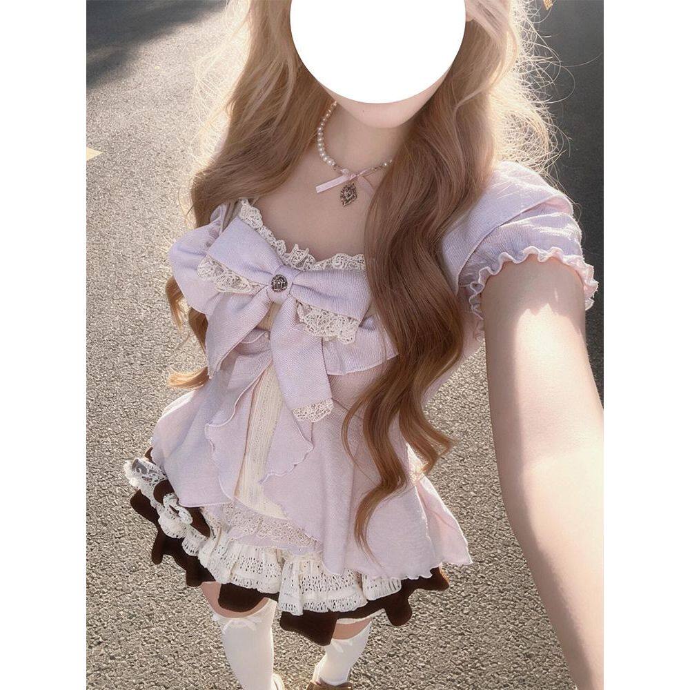 温柔甜美风蝴蝶结紫色开衫+吊带内搭+蕾丝拼色短裙甜酷三件套夏季
