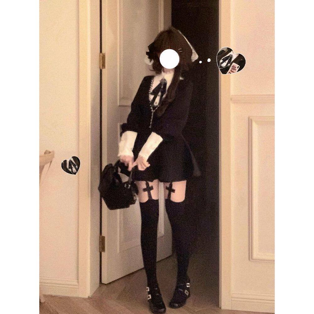 日系黑色暗黑哥特风连衣裙女2026新款冬小个子短裙修女服洛丽塔