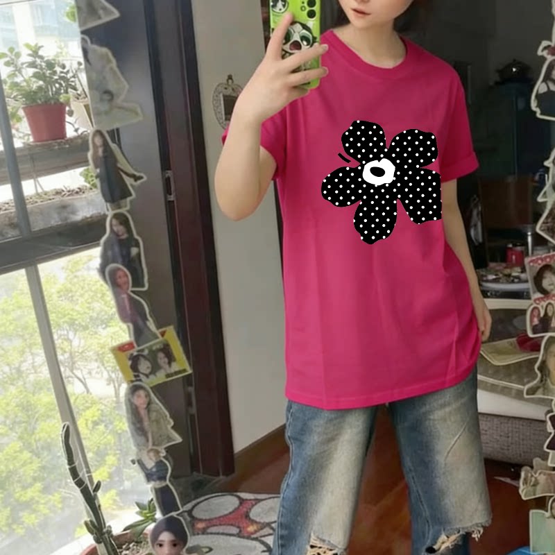玫红色韩版花朵印花短袖t恤男女夏季新款休闲宽松小众纯棉上衣ins
