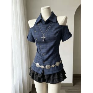 烟杏柔章 复古vintage套装夏新款古着气质感格纹上衣百褶裙两件套