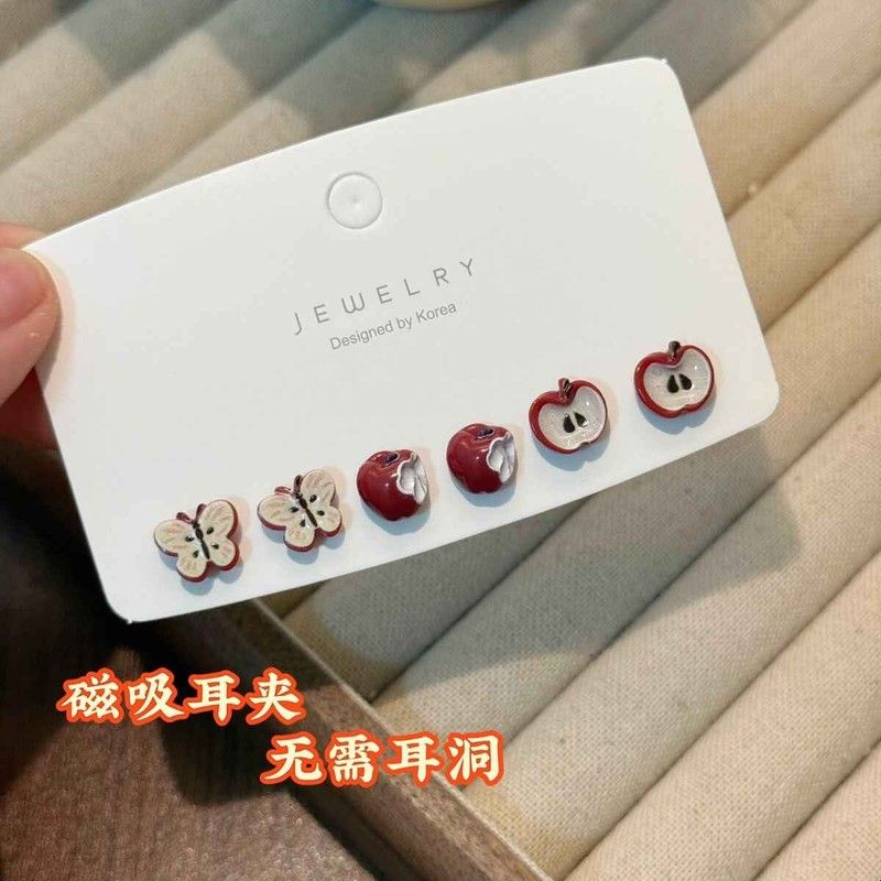 磁吸耳磁吸免打孔甜美卡通可爱过年红色苹果学生耳钉简约小众百搭
