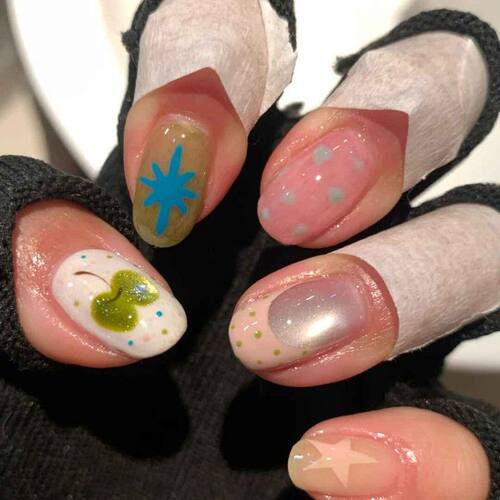 韩系少女心ins风青苹果法式波点星星猫眼短椭圆新款跳色美甲贴片