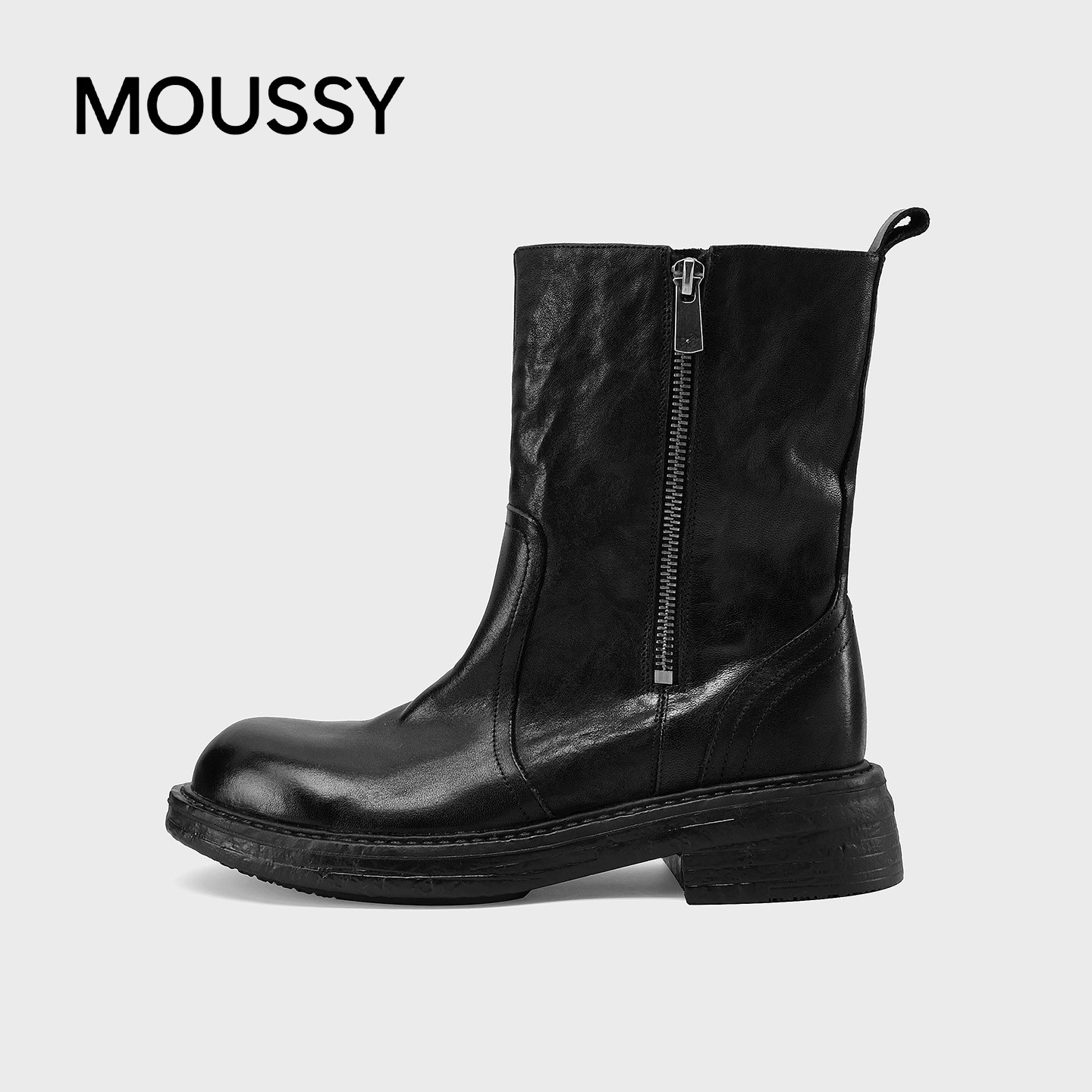 MOUSSY黑色中筒粗跟显瘦骑士靴