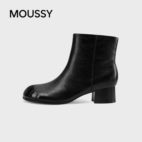 MOUSSY真皮粗跟瘦瘦短靴女秋冬