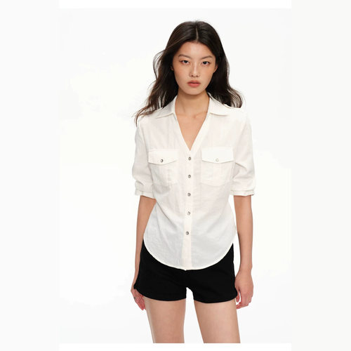 BESOBER 天丝亚麻 白色V领七分袖衬衫女老钱气质宽松休闲收腰9103