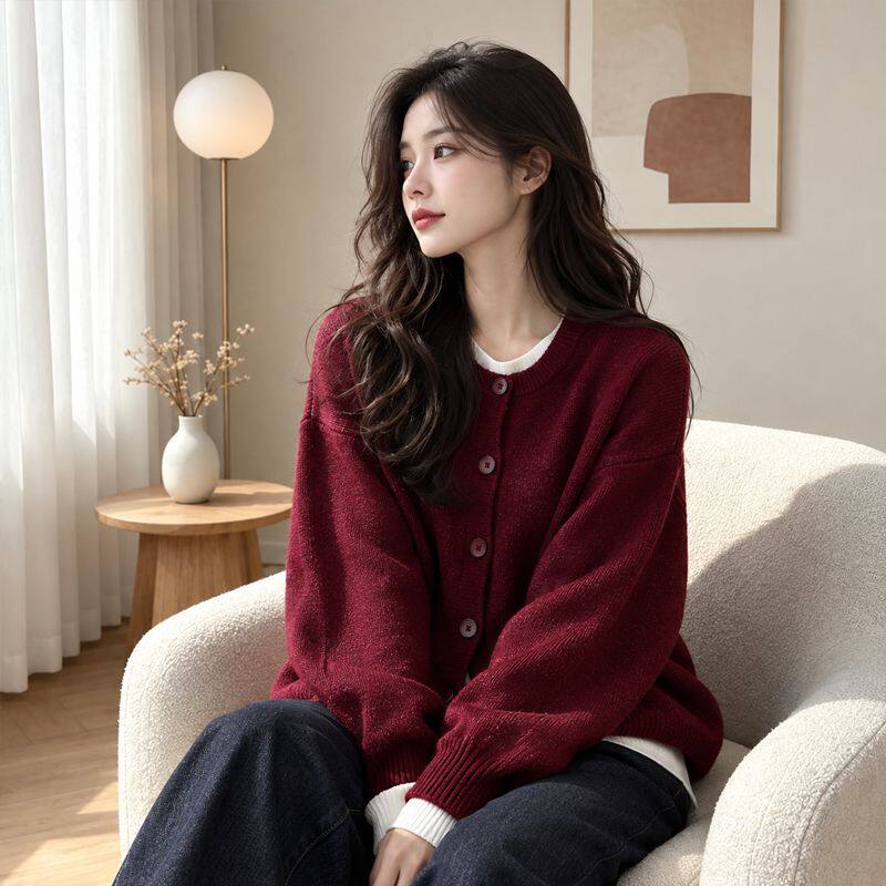 显白车厘子红色针织开衫女秋季毛