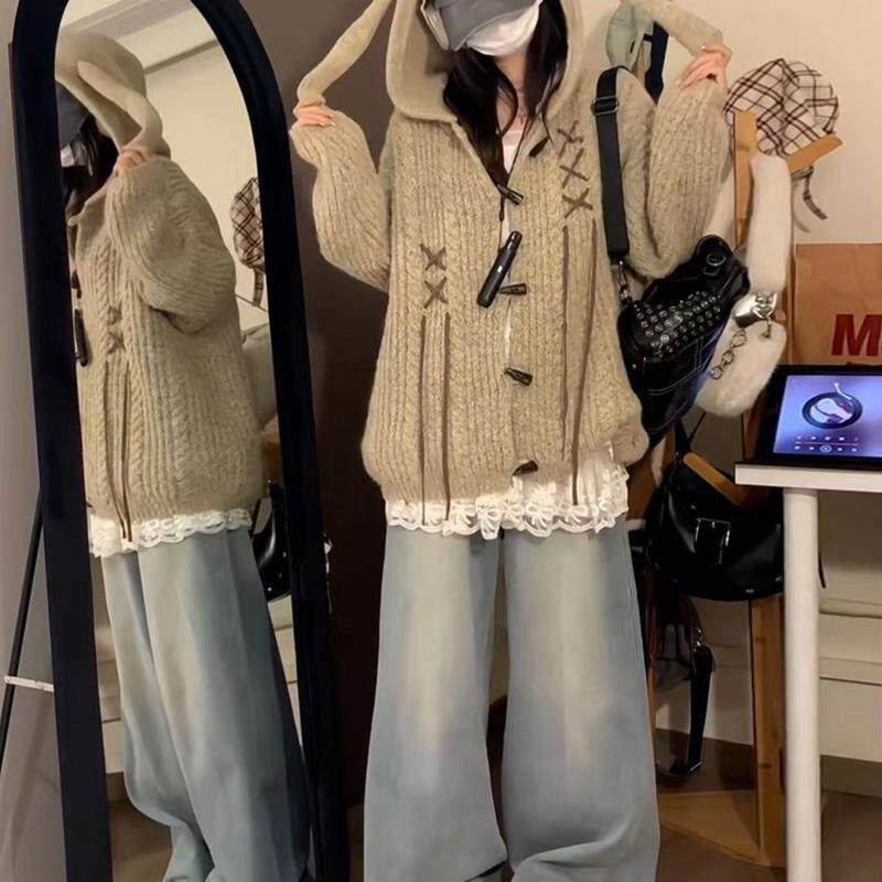 日系慵懒风连帽毛衣外套女秋冬绑