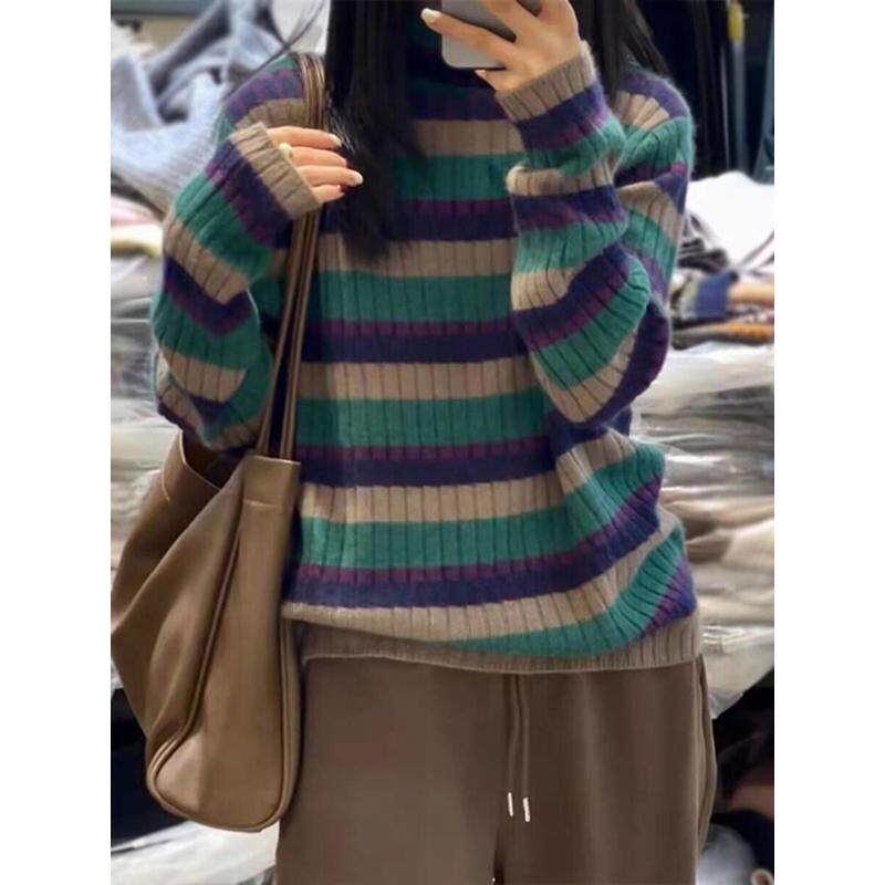 森系慵懒风半高领条纹针织衫女秋