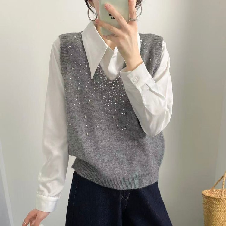 韩系钉珠V领针织马甲女百搭