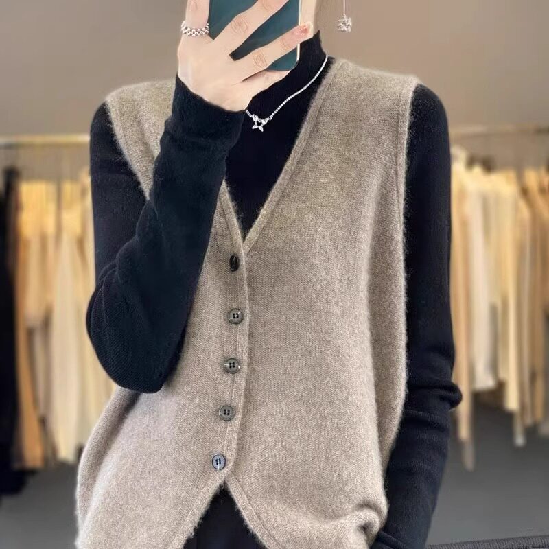 羊毛针织V领开衫马甲女百搭