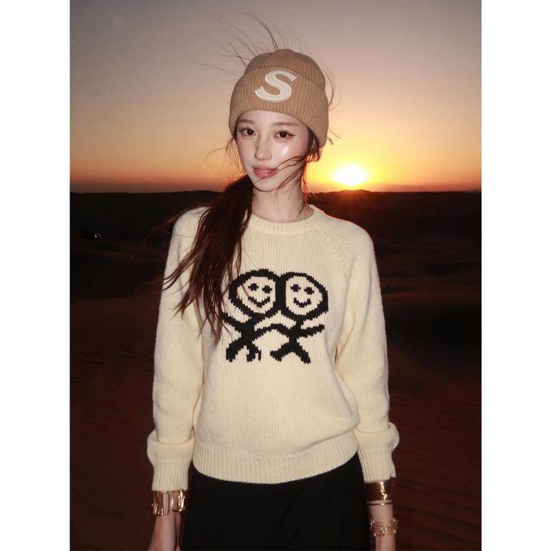 韩系慵懒火柴人提花毛衣女秋冬20