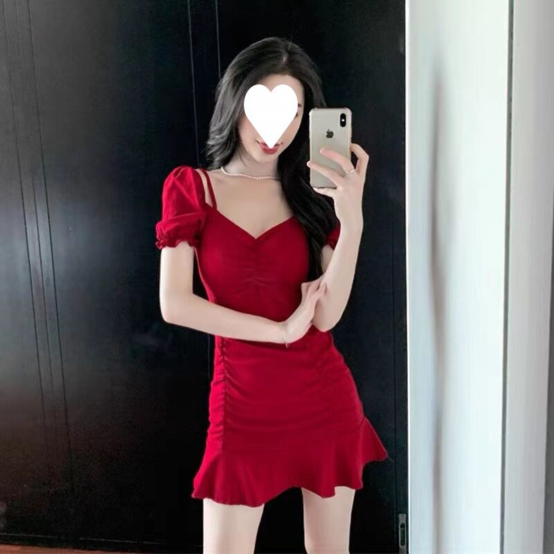一字领连衣裙修身泡泡袖褶皱包臀吊带裙子气质小个子短裙女夏