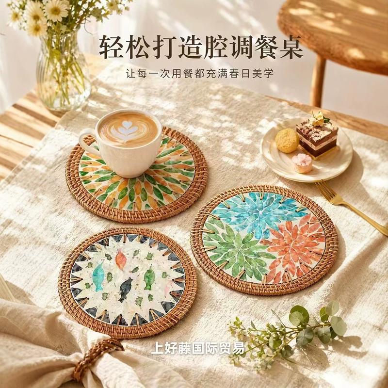 东南亚藤编手工彩贝壳杯垫天然贝壳贝母轻奢包边隔热垫茶装饰杯垫