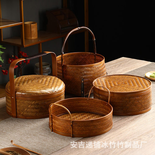 竹编复古四脚提手茶具收纳篮