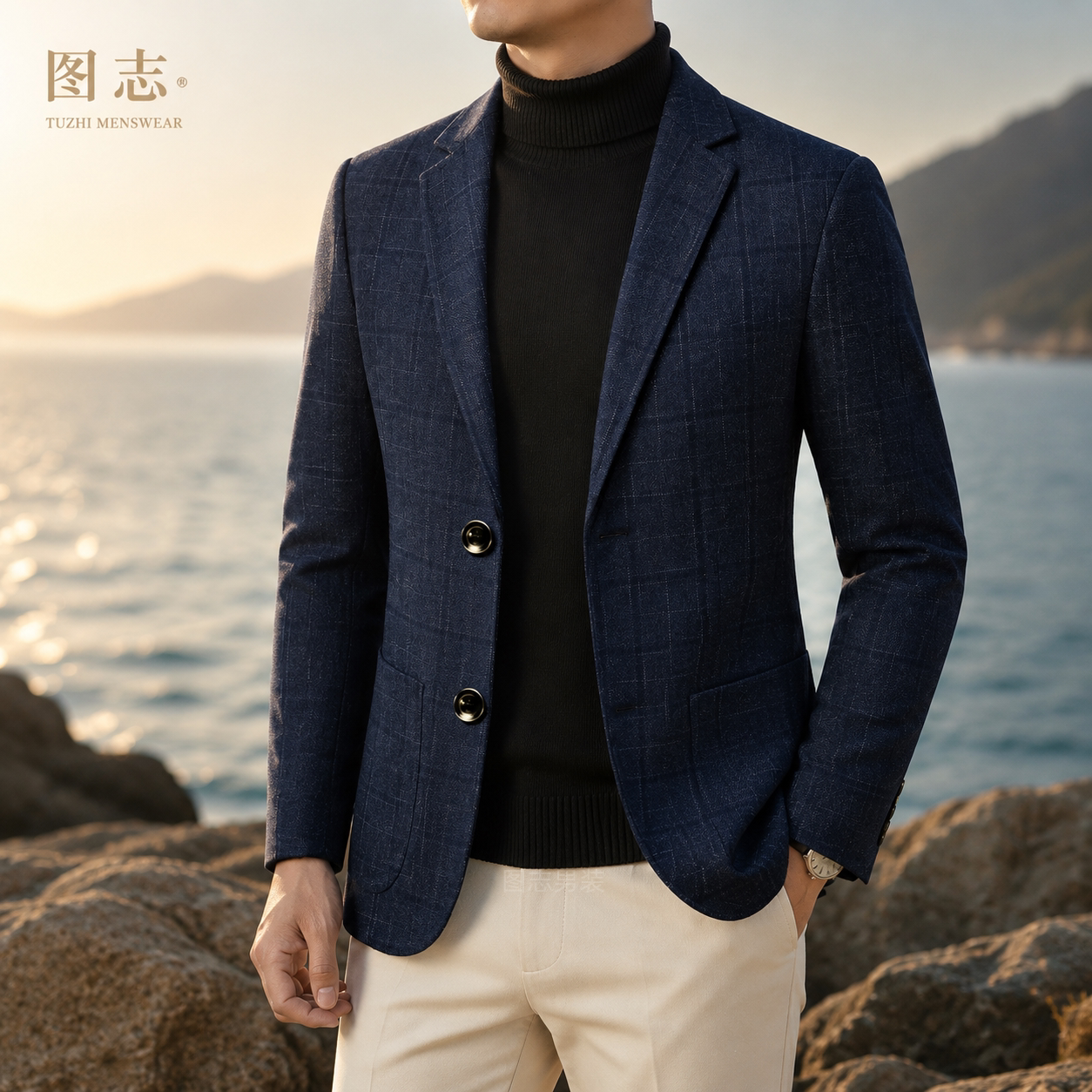 图志男士修身羊毛深蓝西服外套