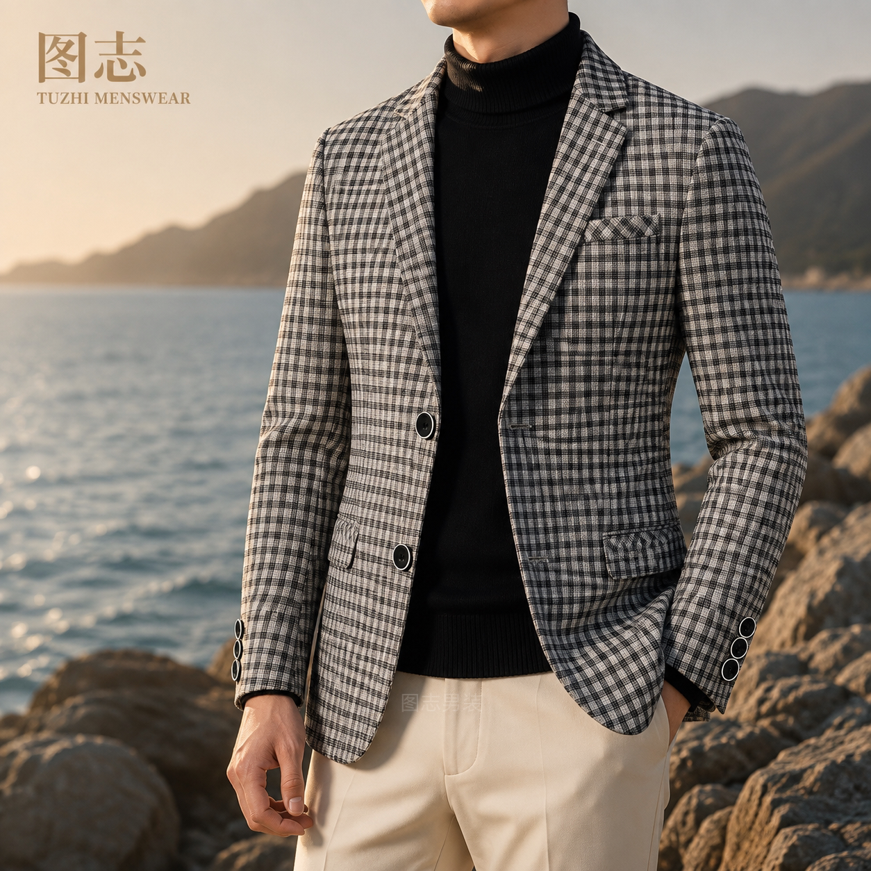 图志春秋薄款男士修身商务西服