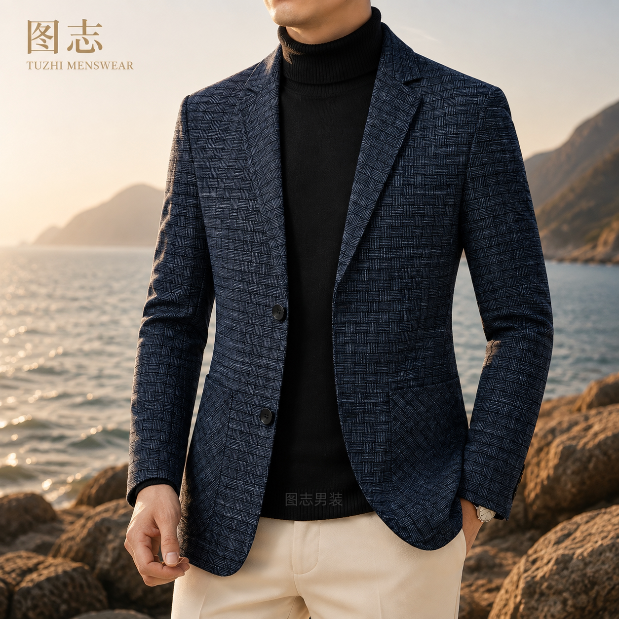 图志春秋男士深蓝修身单排扣西服