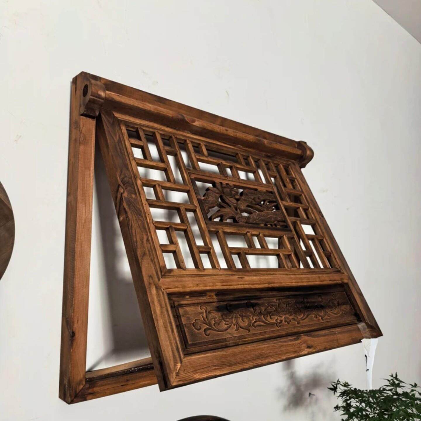 东阳木雕实木上翻窗中式仿古做旧门窗花格推拉窗户潘金莲窗花窗