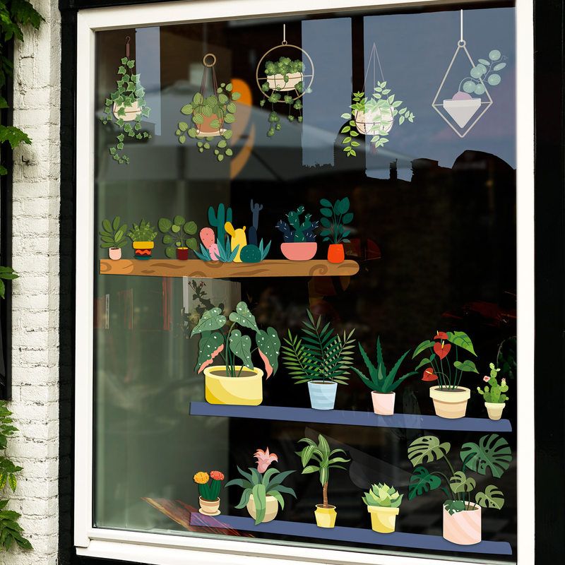 跨境wallpaper彩绘绿植盆栽木架静电玻璃贴窗贴橱窗店铺装饰贴纸