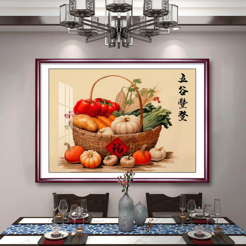 五谷丰登饭厅装饰画白菜客厅挂画新中式入户茶室书房壁画百财墙画