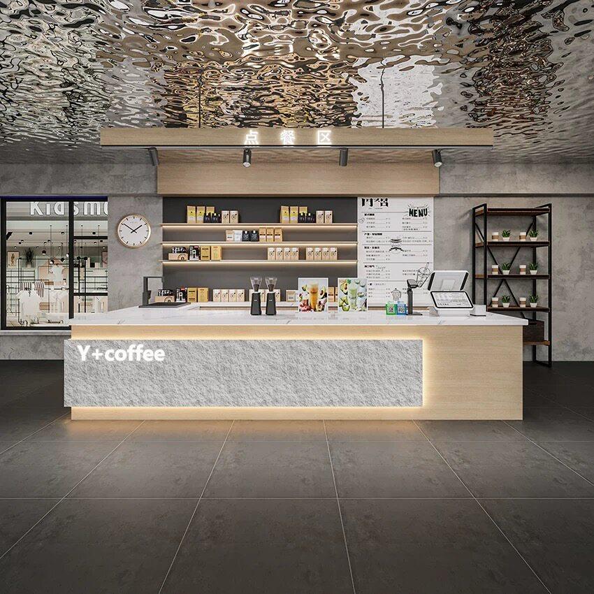 现代高档彷石咖啡店奶茶店收银柜台烘焙店转角柜台饭厅接待台吧台