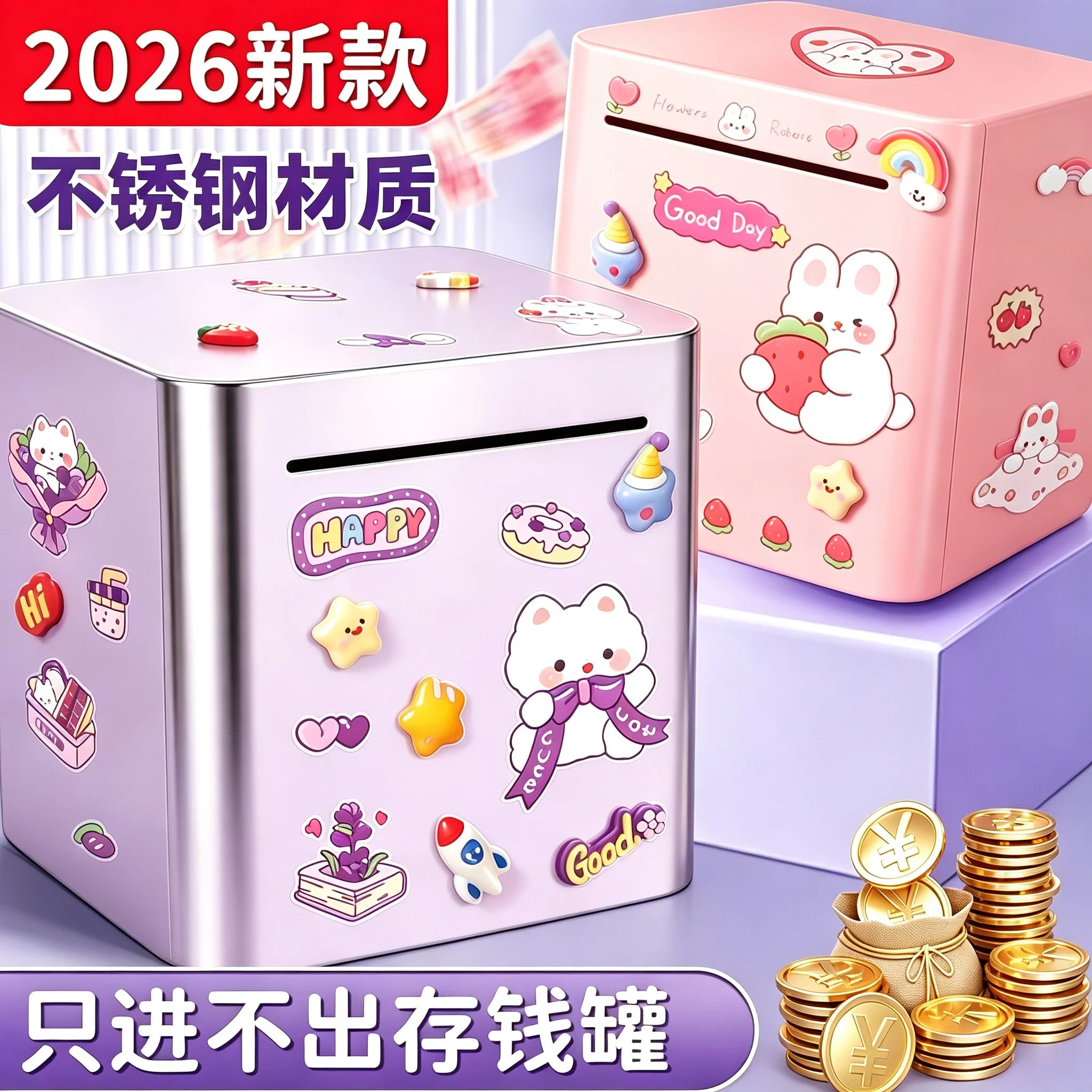 女童不锈钢只进不出存钱罐