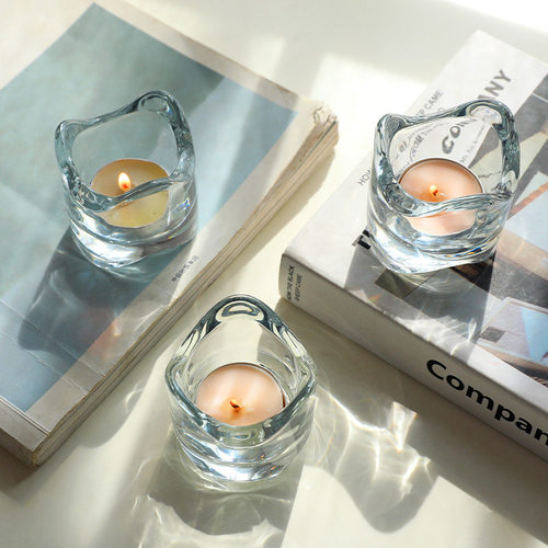 日式小清新ins波浪曲边玻璃烛台北欧风简约浪漫桌面装饰烛杯摆件